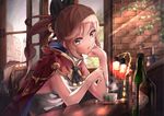  alcohol beer breasts brick_wall cape clarisse_(granblue_fantasy) creamer_packet cup gloves granblue_fantasy lamp long_hair medium_breasts ponytail saraki sideboob solo teacup 