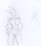  2015 abdomen anthro anthrofied areola big_breasts breasts claws duo horn latiar mega_evolution mega_scizor monochrome navel nintendo nipples nude pok&eacute;mon pok&eacute;morph pussy scizor simple_background sketch traditional_media_(artwork) video_games white_background wings 