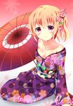  blonde_hair blush breasts cleavage flower gochuumon_wa_usagi_desu_ka? hair_flower hair_ornament hinata_yuu_(atelierhinata) hoto_cocoa japanese_clothes kimono looking_at_viewer obi off_shoulder parasol purple_eyes sash sitting small_breasts solo umbrella 