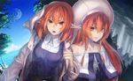  alternate_hair_length alternate_hairstyle bare_shoulders coat commentary_request dual_persona hat helck moon multiple_girls nekotama_(artist) orange_eyes pointy_ears red_hair vamirio 