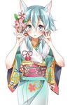  alternate_costume animal_ears bad_id bad_pixiv_id blue_eyes blue_hair cat_ears chima_(fusigiko) cowboy_shot floral_print flower fur hair_flower hair_ornament hands_up japanese_clothes kimono looking_at_viewer obi sash short_hair simple_background sinon_(sao-alo) smile solo sword_art_online white_background wide_sleeves 