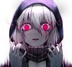  black_nails blood bloody_tears crazy_eyes fang glowing glowing_eyes hair_between_eyes hood hoodie kantai_collection looking_at_viewer nail_polish open_mouth portrait re-class_battleship red_eyes rubellent scarf shinkaisei-kan short_hair silver_hair simple_background solo white_background 