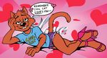  &lt;3 2015 anthro cat clothed clothing cool_cat digital_media_(artwork) english_text feline fur high_heels looking_at_viewer lying male mammal orange_fur short_pants simple_background smile solo sqrlyjack teeth text 