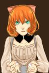  bow brown_background damaged dress green_eyes open_mouth orange_hair penny_polendina rosolite rwby simple_background solo 