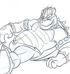  bowser bulge clothed clothing half-dressed koopa looking_at_viewer male mario_bros monochrome muscular nintendo pecs scalie simple_background solo source_request speedo swimsuit unknown_artist video_games white_background 