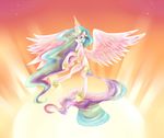  2012 cutie_mark dreampaw equine feathered_wings feathers female feral flying friendship_is_magic fur hi_res horn looking_at_viewer magic mammal my_little_pony princess_celestia_(mlp) purple_eyes royalty sky solo star sun white_feathers white_fur winged_unicorn wings 
