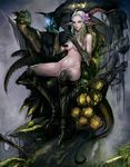  blue_eyes bug butterfly censored choker dragon facial_mark flower forest frostce gradient_hair grey_eyes hair_flower hair_ornament horns insect lily_pad looking_at_viewer magic moss multicolored_hair nature navel nude parted_lips pointy_ears sitting solo spread_legs teeth tree wings 