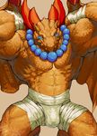  abs anthro athletic bandage biceps big_muscles breath_of_fire brown_scales brown_skin bulge claws clothed clothing crouching dragon featureless_chest flexing front_view fundoshi garr half-dressed hands_behind_head japanese_clothing jewelry looking_at_viewer male muscular muscular_male necklace pecs pockyrumz pose quads reptile scales scalie simple_background smile solo toe_claws topless underwear video_games white_background wings 