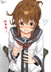  blush brown_eyes brown_hair collarbone commentary flying_sweatdrops folded_ponytail inazuma_(kantai_collection) kantai_collection long_sleeves neckerchief open_mouth phallic_symbol school_uniform serafuku sexually_suggestive shirt sitting solo torpedo translated upper_body wariza yappen 