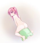  ass back barefoot bath_stool blush commentary_request from_behind highres long_hair looking_back morino_donguri nude open_mouth original pink_hair purple_eyes sitting solo stool twintails wet 
