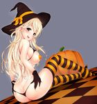  :d alternate_costume ass atago_(kantai_collection) bare_shoulders black_gloves blonde_hair blush breasts butt_crack checkered checkered_floor commentary_request gloves green_eyes halloween halloween_costume hat kantai_collection large_breasts long_hair looking_at_viewer nironiro open_mouth pasties pumpkin sitting smile solo string_panties striped striped_legwear thighhighs thong witch_hat 