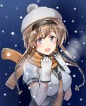 :d black_gloves blue_eyes blush braid breasts clothes_writing corset gloves hair_ornament hat kamelie kantai_collection light_brown_hair long_hair looking_at_viewer medium_breasts neckerchief open_mouth orange_scarf propeller_hair_ornament scarf school_uniform serafuku short_sleeves smile snow snowing solo teruzuki_(kantai_collection) translation_request twin_braids white_gloves 