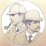  benedict_cumberbatch deerstalker facial_hair graphite_(medium) hat highres ilya_kuvshinov john_hamish_watson john_watson male_focus martin_freeman monochrome multiple_boys mustache pipe sherlock_(bbc) sherlock_holmes sherlock_holmes_(sherlock) solo traditional_media 