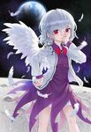  album_cover ama-tou angel_wings bow brooch cover dress earth feathers hand_to_own_mouth highres jacket jewelry kishin_sagume long_sleeves looking_at_viewer moon open_clothes open_jacket purple_dress red_eyes short_dress silver_hair single_wing solo space touhou wings 