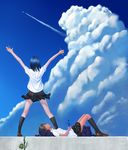  \o/ aircraft airplane arms_up bag black_legwear black_skirt blue_hair bottle brown_eyes brown_hair cloud collared_shirt condensation_trail day from_behind from_side full_body highres holding holding_bottle jet kneehighs kneeling kneepits kome_(okome-smile) legs_apart loafers looking_up lying multiple_girls on_back original outdoors outstretched_arms plant pleated_skirt ramune school_bag school_uniform shirt shoes short_hair skirt sky standing water_bottle white_shirt wind wind_lift 
