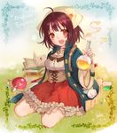  2016 :d absurdres ahoge atelier_(series) atelier_sophie book brown_eyes brown_hair coat collared_coat copyright_name corset cross-laced_clothes dated flask frilled_skirt frills head_scarf highres holding holding_flask jewelry kneeling long_coat long_sleeves looking_at_viewer necklace open_book open_mouth red_skirt round-bottom_flask short_hair skirt smile solo sophie_neuenmuller umecchi underbust wide_sleeves 