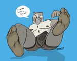  anthro avian balls beak beck blush bulge clothed clothing english_text erection feet hair half-dressed humanoid_feet legwear looking_at_viewer male mammal nipples pecs penis pointing pursing simple_background skoogers slightly_chubby smile soles solo spreading stockings sweat teeth text toes 
