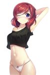  arm_up armpits arms_behind_head black_shirt blush bow bow_panties breasts collarbone cowboy_shot crop_top crop_top_overhang frown groin highres looking_at_viewer love_live! love_live!_school_idol_project medium_breasts midriff motokonut navel nishikino_maki no_pants off_shoulder one_eye_closed panties purple_eyes red_hair see-through see-through_silhouette shiny shiny_skin shirt short_hair short_sleeves simple_background solo string_panties tank_top twintails underwear white_background white_panties 