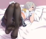  :o black_legwear black_panties blue_eyes blush come_hither crotch_seam eyes_visible_through_hair feet from_below full_body gloves grey_hair hair_ornament hair_over_one_eye hairclip hamakaze_(kantai_collection) hand_on_own_knee highres kantai_collection kyuuso_inukami leg_up long_legs looking_at_viewer lying midriff no_shoes on_back on_bed panties panties_under_pantyhose pantyhose pillow pleated_skirt ribbon school_uniform serafuku short_hair short_sleeves silver_hair skirt soles solo thighband_pantyhose underwear upshirt upskirt white_gloves yellow_ribbon 