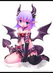  :d arch_imp bandeau bare_shoulders between_legs black_gloves blue_eyes boots bow demon_girl demon_tail demon_wings elbow_gloves facial_mark fang flat_chest genericmav gloves hand_between_legs heart_tattoo highres horns letterboxed looking_at_viewer microskirt mismatched_footwear monster_girl monster_girl_encyclopedia open_mouth pointy_ears purple_hair short_hair simple_background sitting skirt slit_pupils smile solo tail tattoo thigh_boots thighhighs wariza white_background wings 