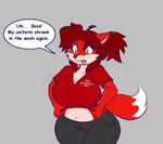  big_breasts breasts button_pop canine clothing fox fur goblinhordestudios green_eyes hair mammal midriff navel red_fur red_hair speech_bubble tight_clothing vicki_valentine voluptuous wide_hips 