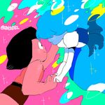  2girls afro bad_id bad_twitter_id blue_hair blue_skin couple elbow_gloves floating gloves hair_over_eyes interlocked_fingers long_hair looking_at_another multicolored multicolored_background multiple_girls parted_lips red_skin ruby_(steven_universe) sapphire_(steven_universe) shorts smile spoilers steven_universe tank_top twitter_username yuri 