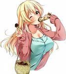  ;) alternate_costume atago_(kantai_collection) blonde_hair blush breasts casual cleavage collarbone commentary_request green_eyes kantai_collection large_breasts long_hair looking_at_viewer mushroom nironiro one_eye_closed sexually_suggestive smile solo upper_body 
