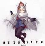  2016 animal animal_ears black_gloves black_legwear food food_on_head fox_ears fruit fruit_on_head full_body gloves hair_ornament high_heels japanese_clothes kimono long_hair looking_at_viewer mandarin_orange monkey object_on_head original pantyhose smile solo suzuno_(bookshelf) white_hair 