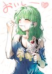  alternate_costume bare_shoulders blush closed_eyes clothes_writing collarbone eating food geppewi green_hair hair_tubes heart ice_cream kochiya_sanae long_hair off-shoulder_shirt off_shoulder shirt short_sleeves smile solo spoon t-shirt text_focus touhou translated upper_body white_background 