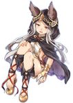  animal_ears barefoot cape cat_ears cloak ears_through_headwear fang from_above granblue_fantasy hand_on_own_knee highres hood hooded_cloak kouri_maguro long_hair looking_at_viewer open_mouth red_eyes scathacha_(granblue_fantasy) shoes silver_hair single_shoe sitting slit_pupils solo thighs 