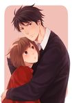  1girl bangs black_eyes black_hair blush brown_eyes brown_hair chiaki_shin'ichi closed_mouth collared_shirt couple hand_on_another's_head height_difference hetero hug long_sleeves looking_at_another looking_at_viewer noda_megumi nodame_cantabile parted_lips rounded_corners sawao_(kenban2) shirt short_hair sweater turtleneck upper_body white_shirt 