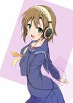  :d blush brown_hair commentary_request green_eyes headphones idolmaster idolmaster_cinderella_girls looking_at_viewer nironiro open_mouth pleated_skirt school_uniform serafuku short_hair skirt smile solo tada_riina 