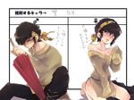  1girl black_hair blush bottomless breasts dual_persona fang genderswap genderswap_(mtf) goro_nyanko headband hibiki_ryouga medium_breasts oriental_umbrella ranma_1/2 short_hair sitting tears umbrella wet wet_clothes yellow_eyes 