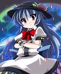  &gt;:) aurora blue_hair bow crossed_arms dress fa_no_hito food fruit hat hinanawi_tenshi long_hair peach red_eyes smile solo touhou v-shaped_eyebrows 