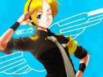  ;) agata_no_michi aqua_eyes blonde_hair character_name hands headphones male_focus necktie one_eye_closed salute smile solo suiga_sora utau 