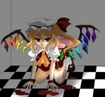  all_fours blonde_hair blood bow checkered checkered_floor evil_grin evil_smile fang flandre_scarlet grin hat perspective ponytail red_eyes shadow short_hair side_ponytail smile solo touhou umeshyu_sake vampire wings 