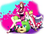  2boys ane_(artist) animal_ears bad_id bad_pixiv_id blonde_hair blue_eyes brown_hair crossed_legs dual_persona glasses grin irabu_ichirou kuuchuu_buranko labcoat mayumi_(trapeze) multicolored_hair multiple_boys necktie nurse sitting smile syringe 