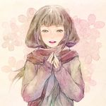  brown_eyes brown_hair deviantart_sample enpera flower image_sample long_hair open_mouth redjuice sayoko_(sayonara_memories) sayonara_memories_(supercell) scarf smile solo supercell traditional_media 