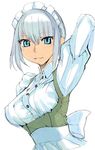  aqua_eyes arm_up maid maid_headdress original robina short_hair silver_hair simple_background solo 