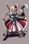  armor armored_dress arrow axe belt blonde_hair bonnet boots bow_(weapon) braid cordelia_(saga) gauntlets greaves grey_background hira_taira long_hair polearm quiver saga saga_frontier_2 solo spear twin_braids weapon 