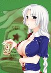  alcohol beer black_eyes braid breasts cleavage curry_man large_breasts long_hair open_clothes open_shirt shirt silver_hair solo touhou yagokoro_eirin 