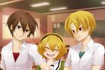  2boys arm_hug bad_id bad_pixiv_id blonde_hair brown_hair closed_eyes fang happy higurashi_no_naku_koro_ni houjou_satoko houjou_satoshi hug maebara_keiichi maroyan multiple_boys purple_eyes red_eyes smile 