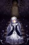  bad_id bad_pixiv_id cross dhiea dress flower hairband highres iron_maiden iron_maiden_jeanne long_hair petals red_eyes shaman_king silver_hair solo stairs universe 