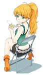  :t ahoge bad_id bad_pixiv_id blonde_hair boots chair downpants eating folding_chair food full_body green_eyes highres hoshii_miki idolmaster idolmaster_(classic) legs long_hair looking_back nagian ponytail pudding shorts sitting smile solo spoon 