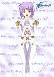  ar_tonelico ar_tonelico_iii bodysuit braid enja_redloner flat_chest hair_ornament hands_clasped highres hymmnos logo music own_hands_together purple_eyes purple_hair short_hair singing solo tilia twin_braids 
