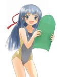  blue_eyes blue_hair blush competition_swimsuit galaxy_angel karasuma_chitose kickboard long_hair nyama one-piece_swimsuit solo swimsuit 