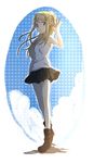  arm_up bad_id bad_pixiv_id blonde_hair blue_eyes boots fullmetal_alchemist hands long_hair polka_dot polka_dot_background ponytail riru skirt smile solo tank_top winry_rockbell 