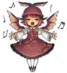  animal_ears bad_id bad_pixiv_id bow closed_eyes hat mitsuki_(goomoku) music musical_note mystia_lorelei open_mouth outstretched_arms outstretched_hand pantyhose pink_hair short_hair simple_background singing solo standing touhou white_legwear winged_hat wings 