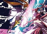  asamiyajy barrier battle brown_hair duel levantine lyrical_nanoha magic_circle magical_girl mahou_shoujo_lyrical_nanoha mahou_shoujo_lyrical_nanoha_a's multiple_girls pink_hair ponytail raising_heart signum sword takamachi_nanoha twintails weapon 