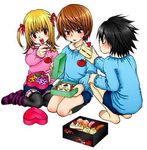  2boys amane_misa artist_request bags_under_eyes bangs box cake cream_puff death_note doughnut food garter_straps heart-shaped_box kindergarten l_(death_note) lowres multiple_boys obentou open_box socks thighhighs two_side_up yagami_light yagami_souichirou 